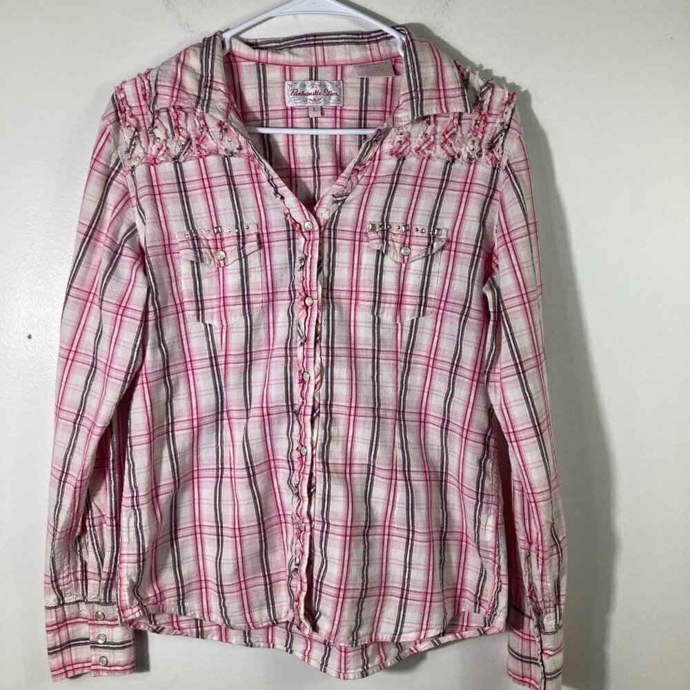 Womens Panhandle Slim Western‎ V Neck Snap Front Studded Shirt Pink Gray Plaid L